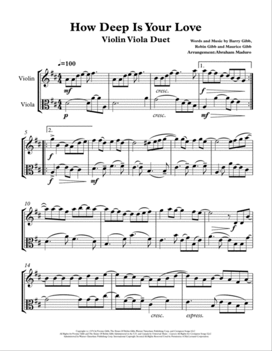 How Deep Is Your Love from the Motion Picture SATURDAY NIGHT FEVER String Duet scores gallery preview page 1