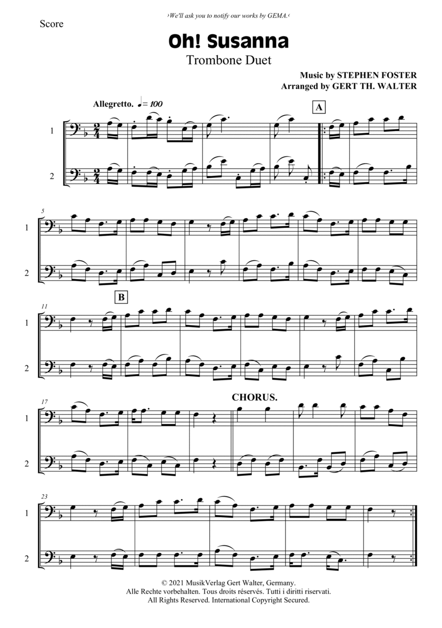Oh! Susanna Oh! Susanna Trombone Duet scores gallery preview page 1