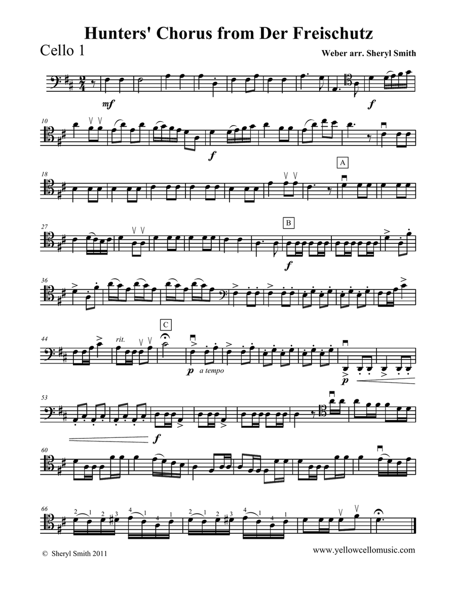 Hunters' Chorus from Der Freischutz arranged for intermediate cello quartet (four cellos)