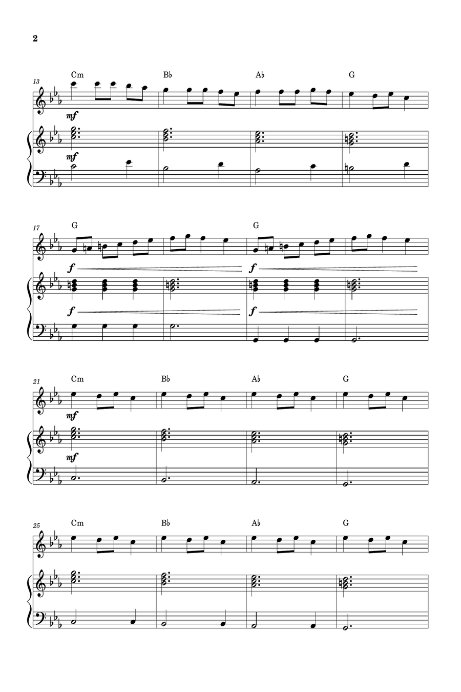Carol of the Bells for Flute and Piano (Very Easy - Beginner) in C minor - With Chords Flute scores gallery preview page 2