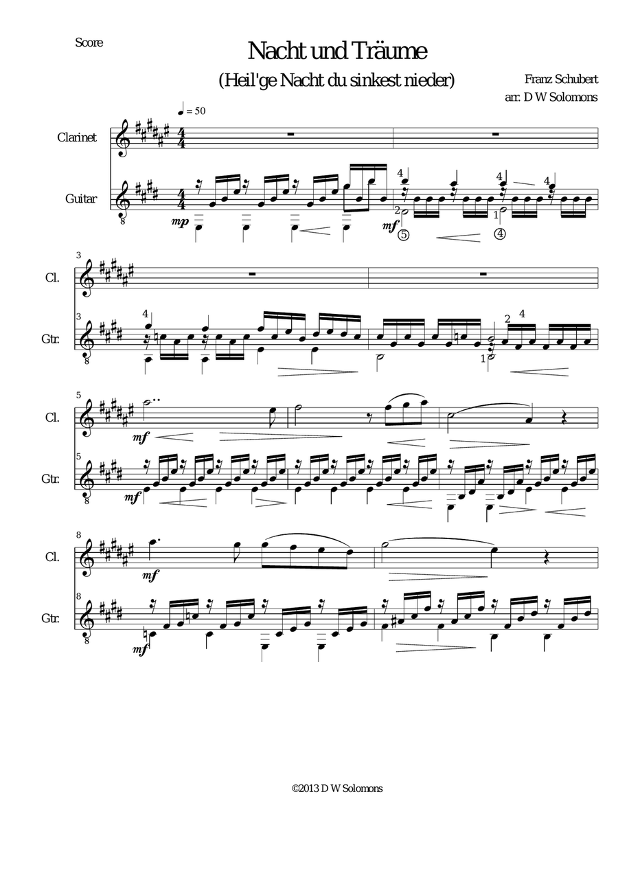 Nacht und Träume (Heil'ge Nacht du sinkest nieder) for clarinet and guitar Clarinet scores gallery preview page 2