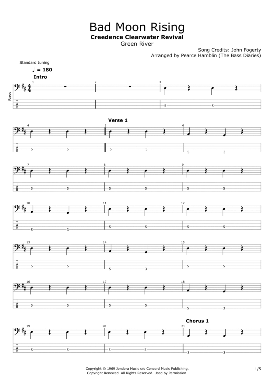 Bad Moon Rising Bass Guitar scores gallery preview page 1