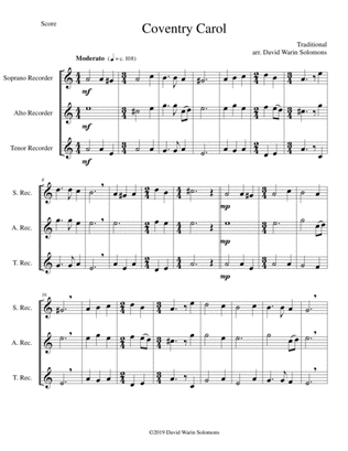 Book cover for Coventry Carol for recorder trio (soprano, alto, tenor)