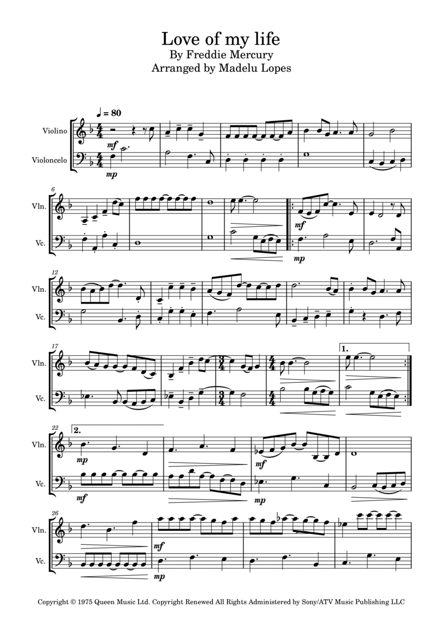 Love Of My Life String Duet scores gallery preview page 1