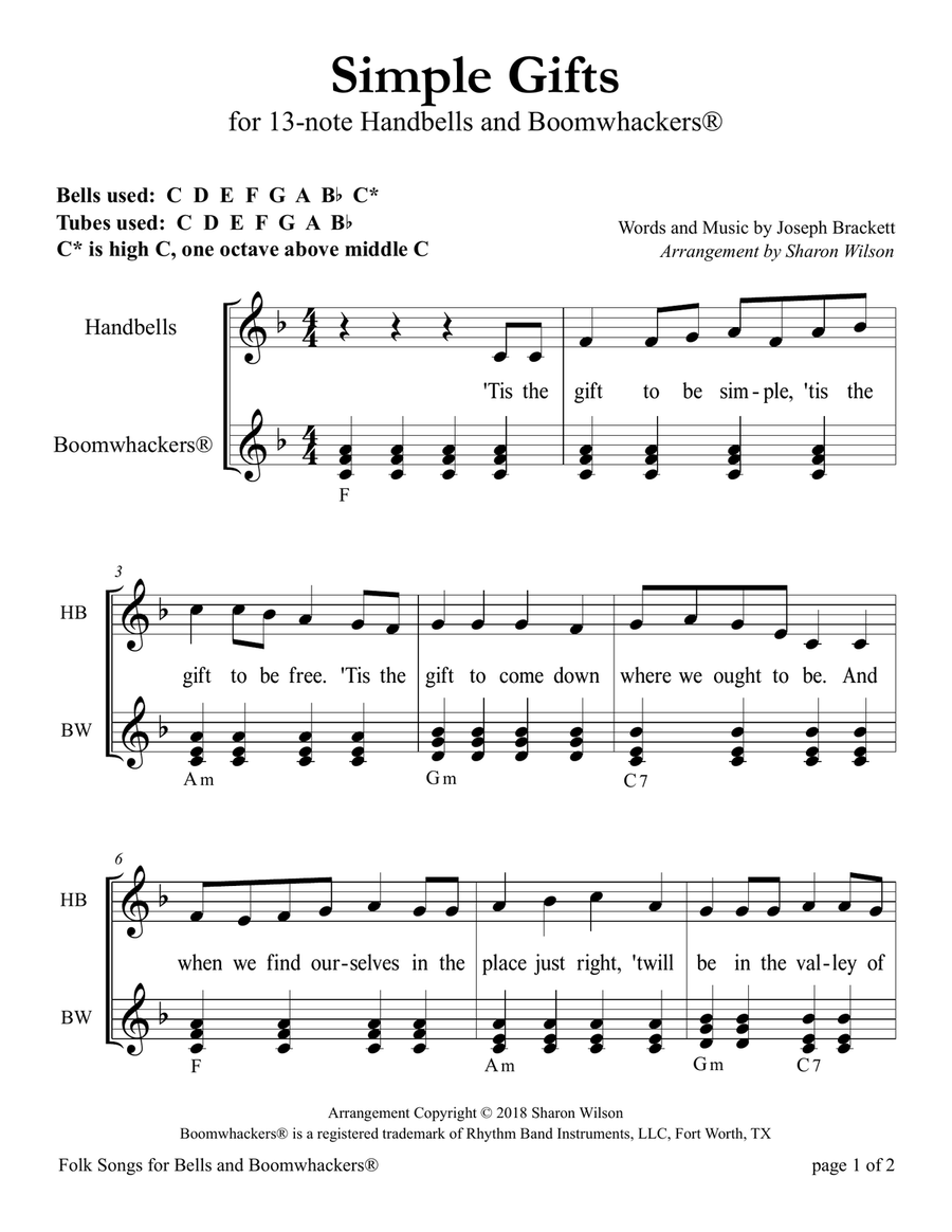 Simple Gifts (for 13-note Bells and Boomwhackers with Black and White Notes) Handbell Choir scores gallery preview page 5