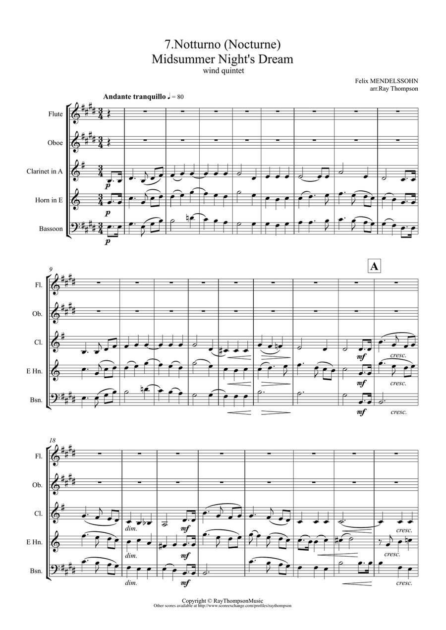 Mendelssohn: Incidental Music from A Midsummer Night's Dream Op.61 No.7 Notturno - wind quintet Woodwind Quintet scores gallery preview page 1