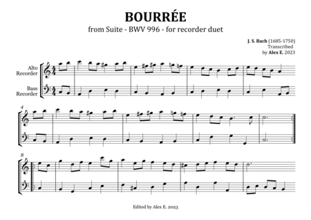 Bourrée - BWV 1067 For Recorder Duet (Landscape Format) image number null