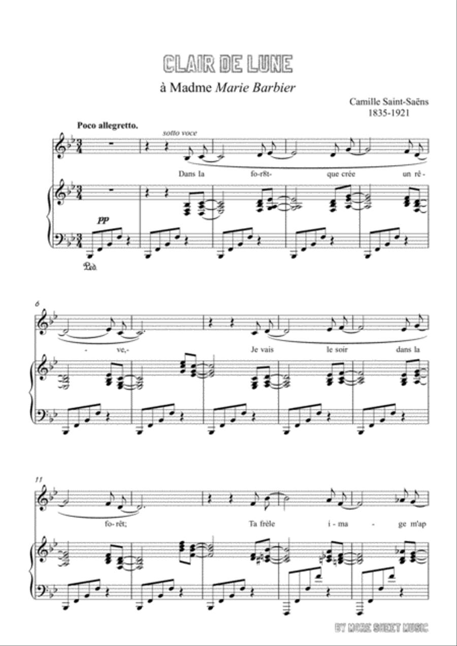 Saint-Saëns-Clair de lune in B flat Major,for Voice and Piano Voice Solo scores gallery preview page 3