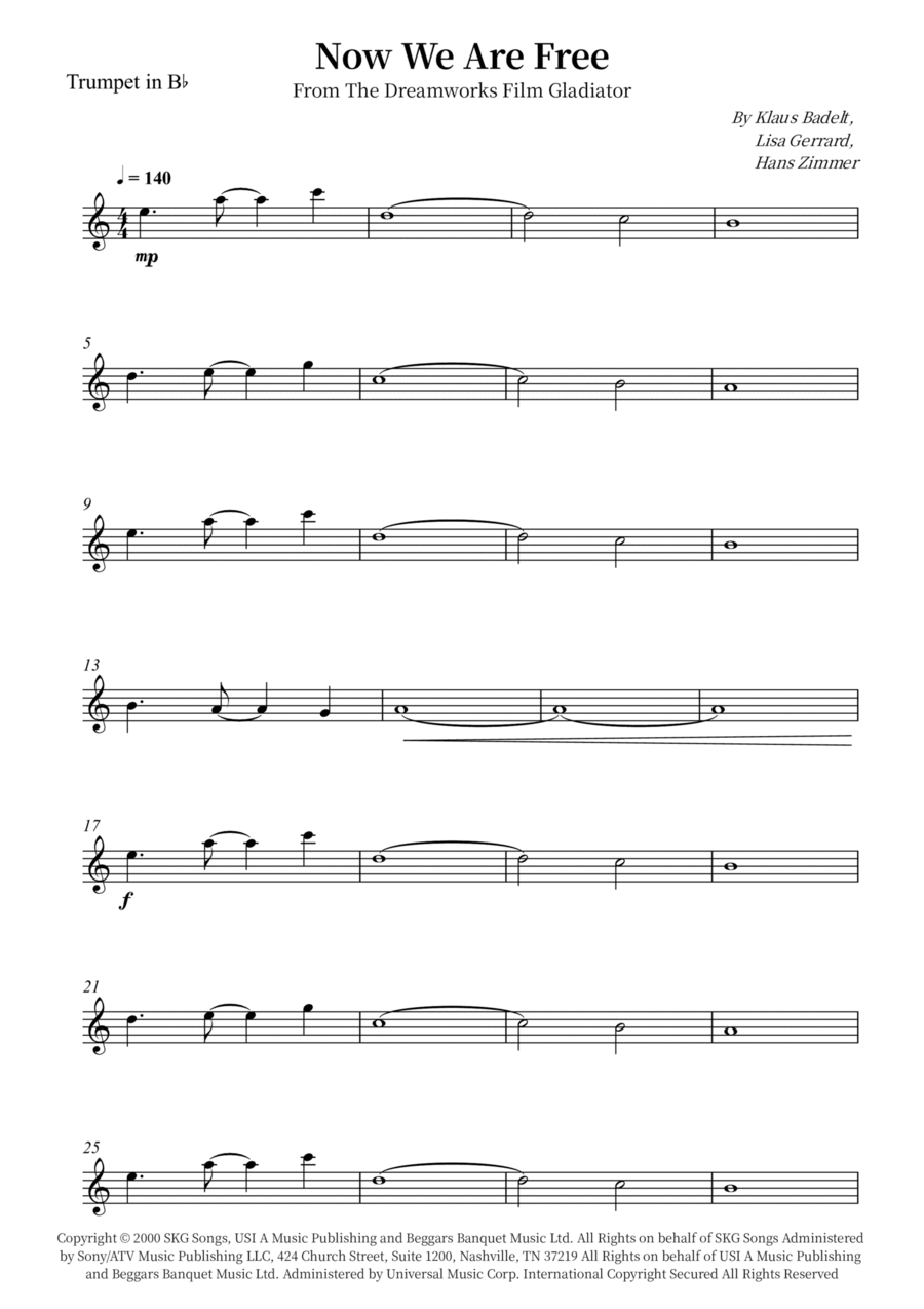 Now We Are Free Now We Are Free B-Flat Trumpet scores gallery preview page 1