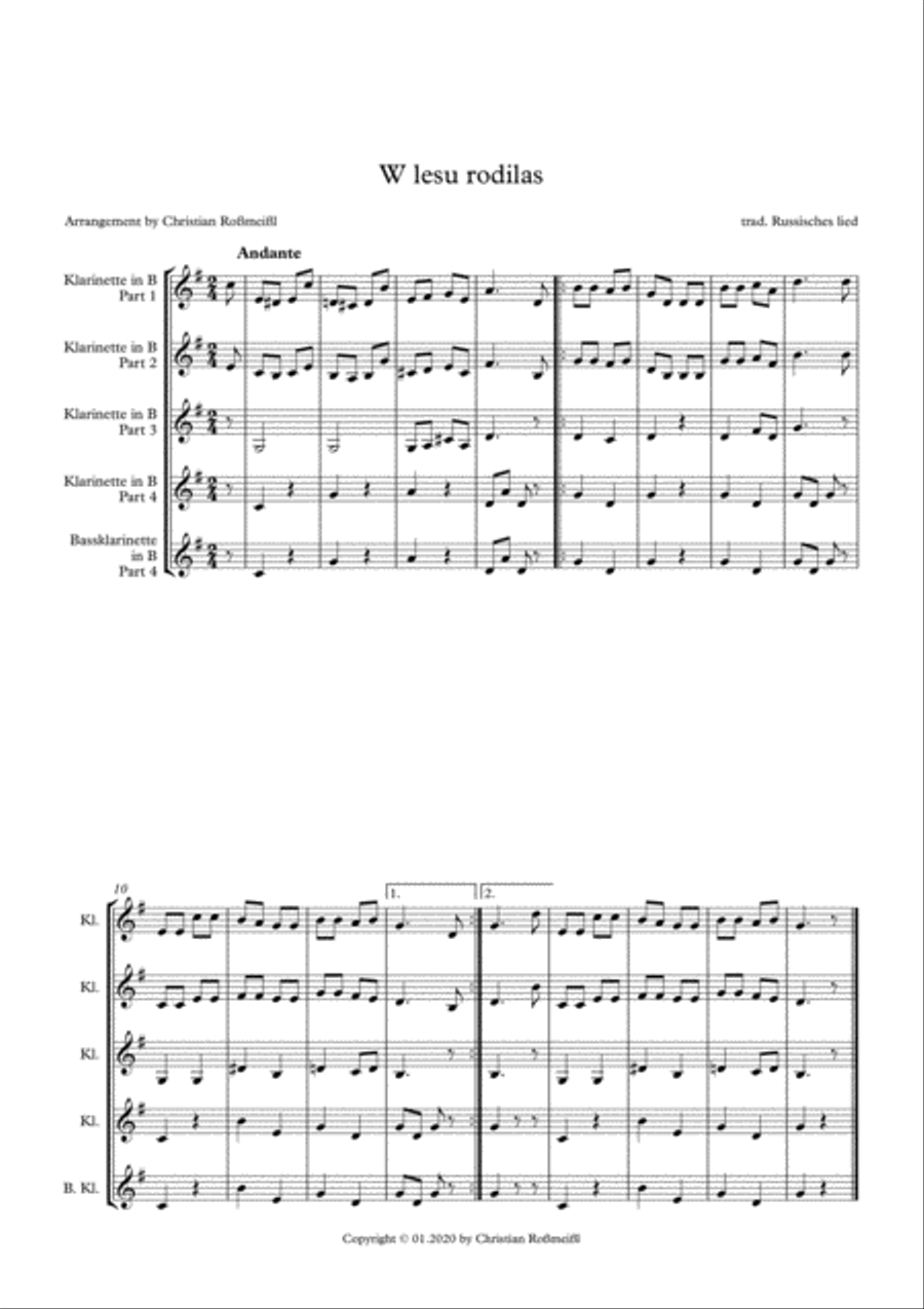 W lesu rodilas with Clarinetquartett Clarinet Quartet scores gallery preview page 2