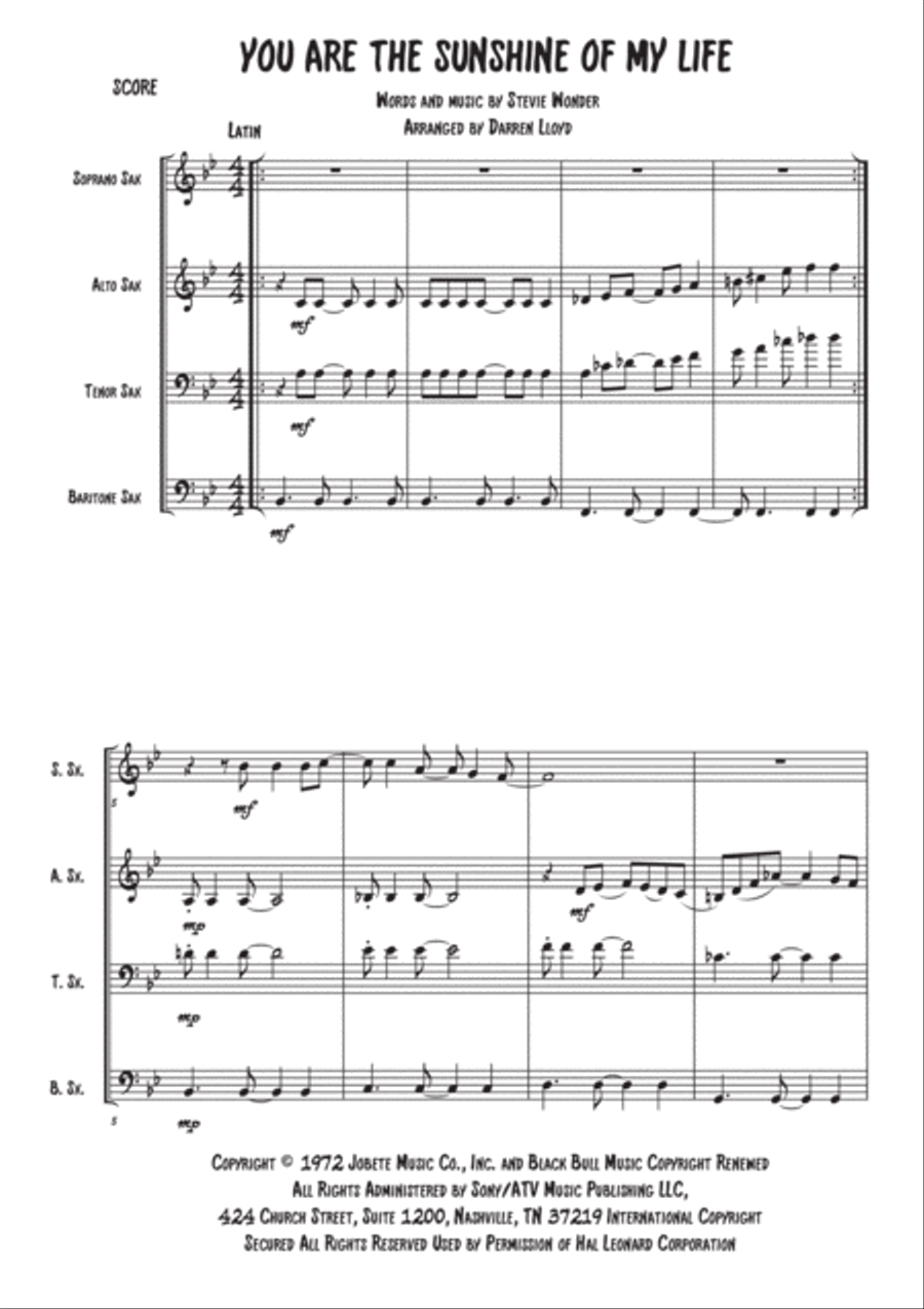 You Are The Sunshine Of My Life Woodwind Quartet scores gallery preview page 1