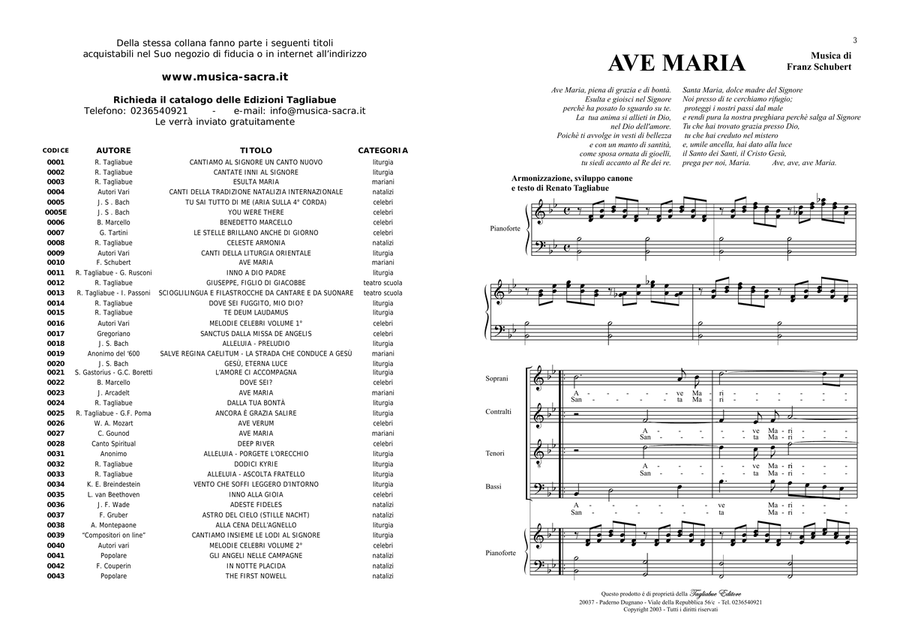 AVE MARIA by SCHUBERT - Arr. on Canon for Choir SATB - Italian Lyrics - Piano accomp. - Score Only 4-Part scores gallery preview page 3