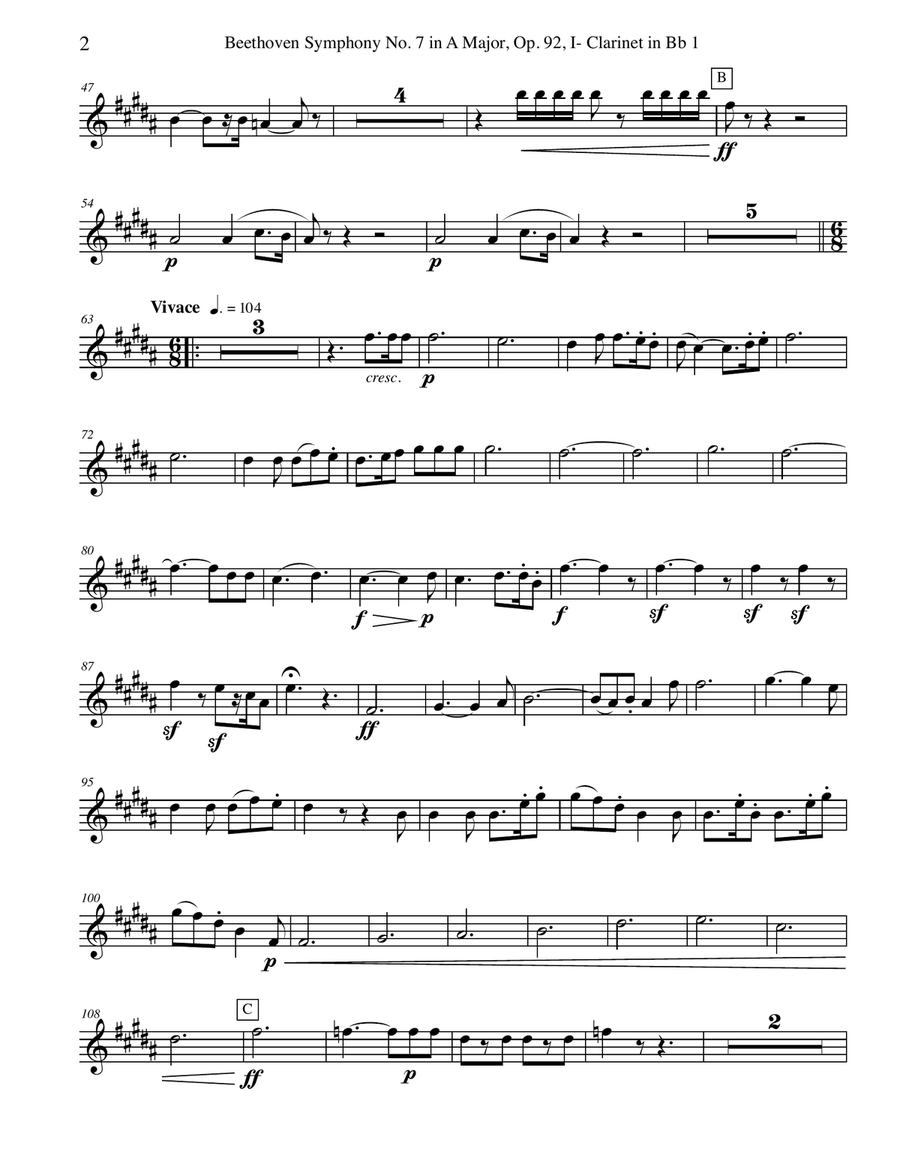 Beethoven Symphony No. 7, Movement I - Clarinet in Bb 1 (Transposed Part), Op. 92 B-Flat Clarinet scores gallery preview page 2