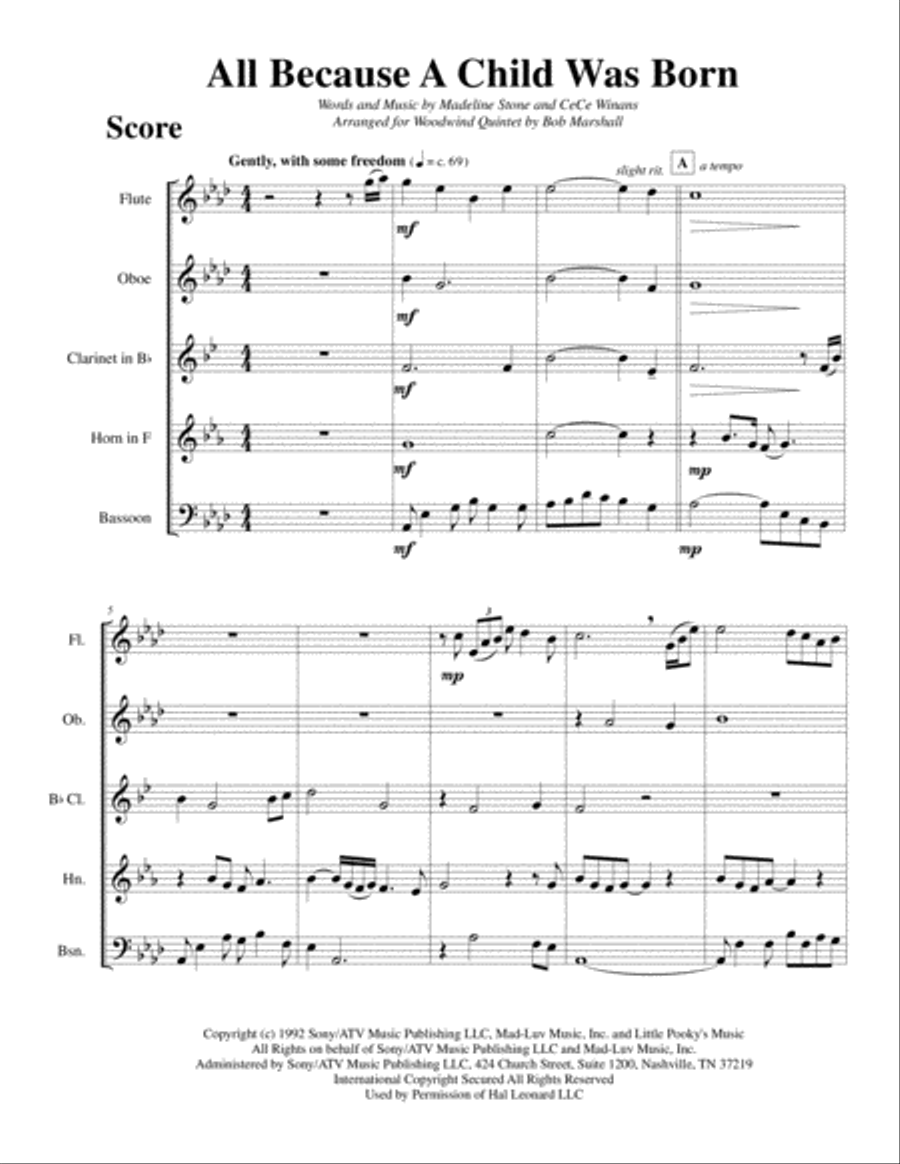 All Because A Child Was Born Woodwind Quintet scores gallery preview page 2