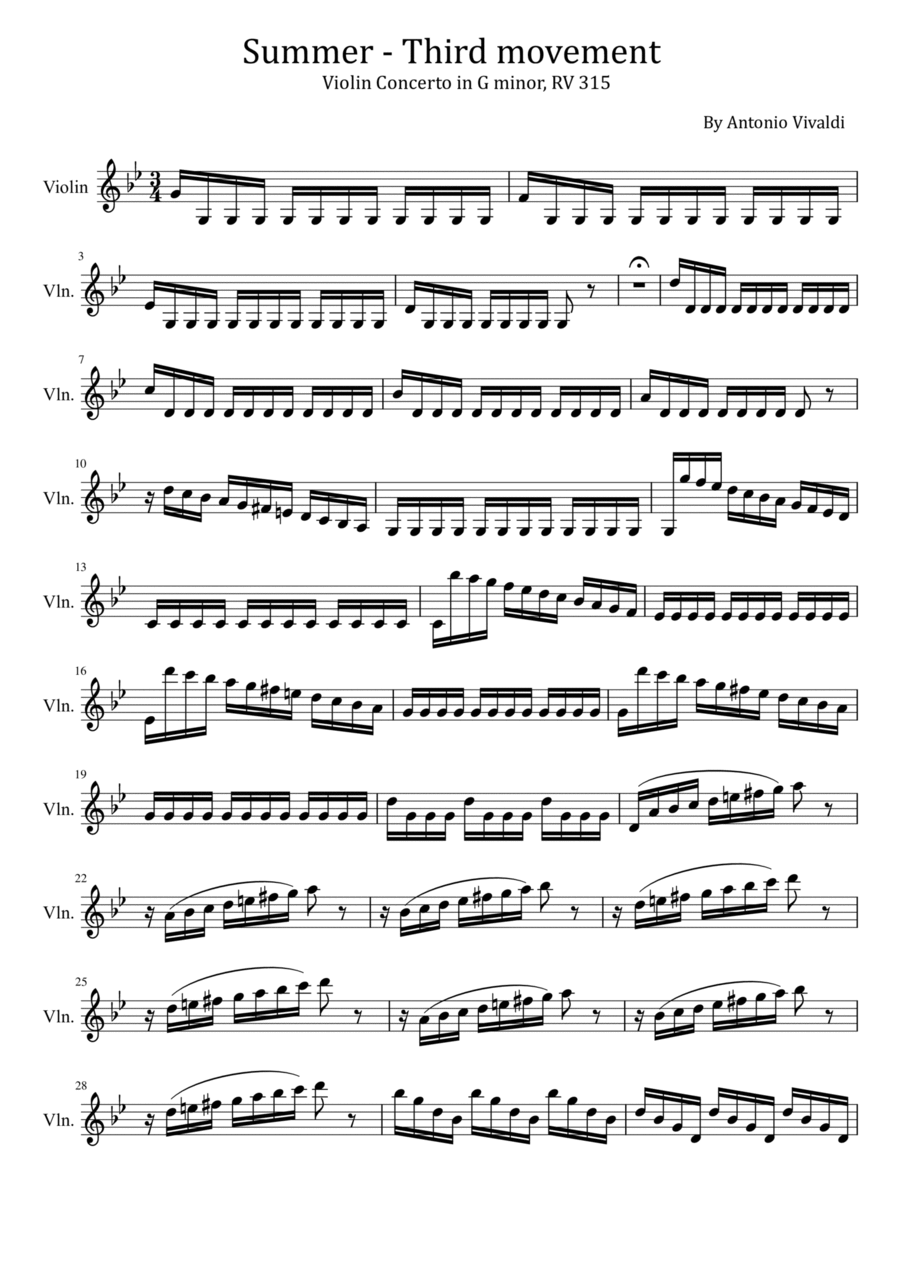 Summer - Third movement - Violin Concerto in G minor, RV 315 - For violin Solo Violin Solo scores gallery preview page 1