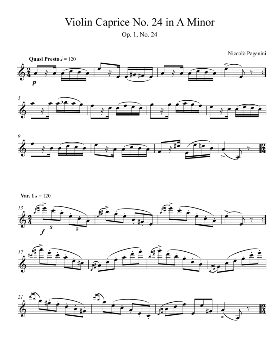 Paganini - Caprice No. 24 in A Minor (Violin) Violin Solo scores gallery preview page 1