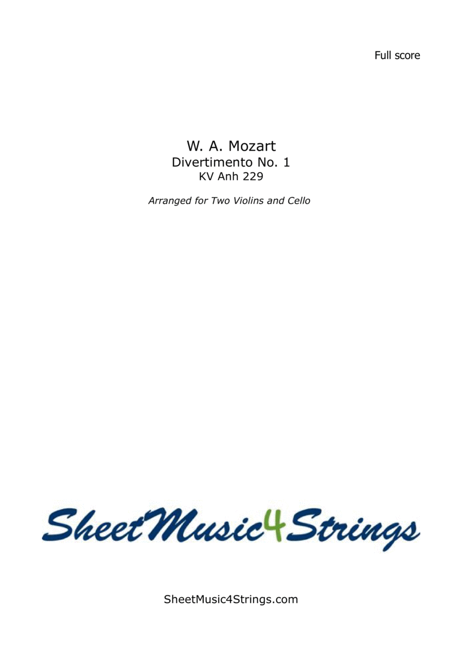 Mozart, W. - Divertimento No. 1 K. 229, Arranged for 2 Violins and Cello String Trio scores gallery preview page 1