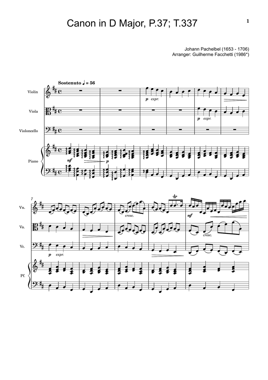 Canon in D Major, P.37; T.337. Arranged for Violin, Viola, Cello and Piano. Score and Parts Small Ensemble scores gallery preview page 1