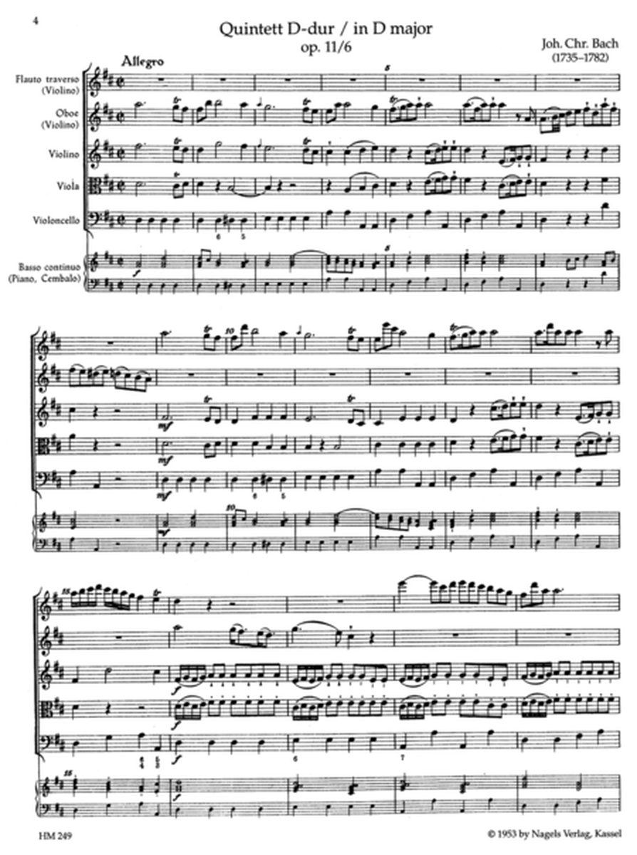 Quintett fur Querflote(Violine), Oboe(Violine), Violine, Viola, Violoncello und Basso continuo D major, Op. 11/6