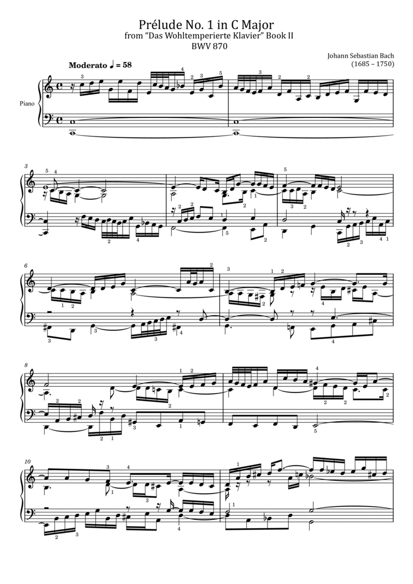 Bach - Prélude No.1 in C Major - BWV 870 - For Piano Solo Original With Fingered image number null