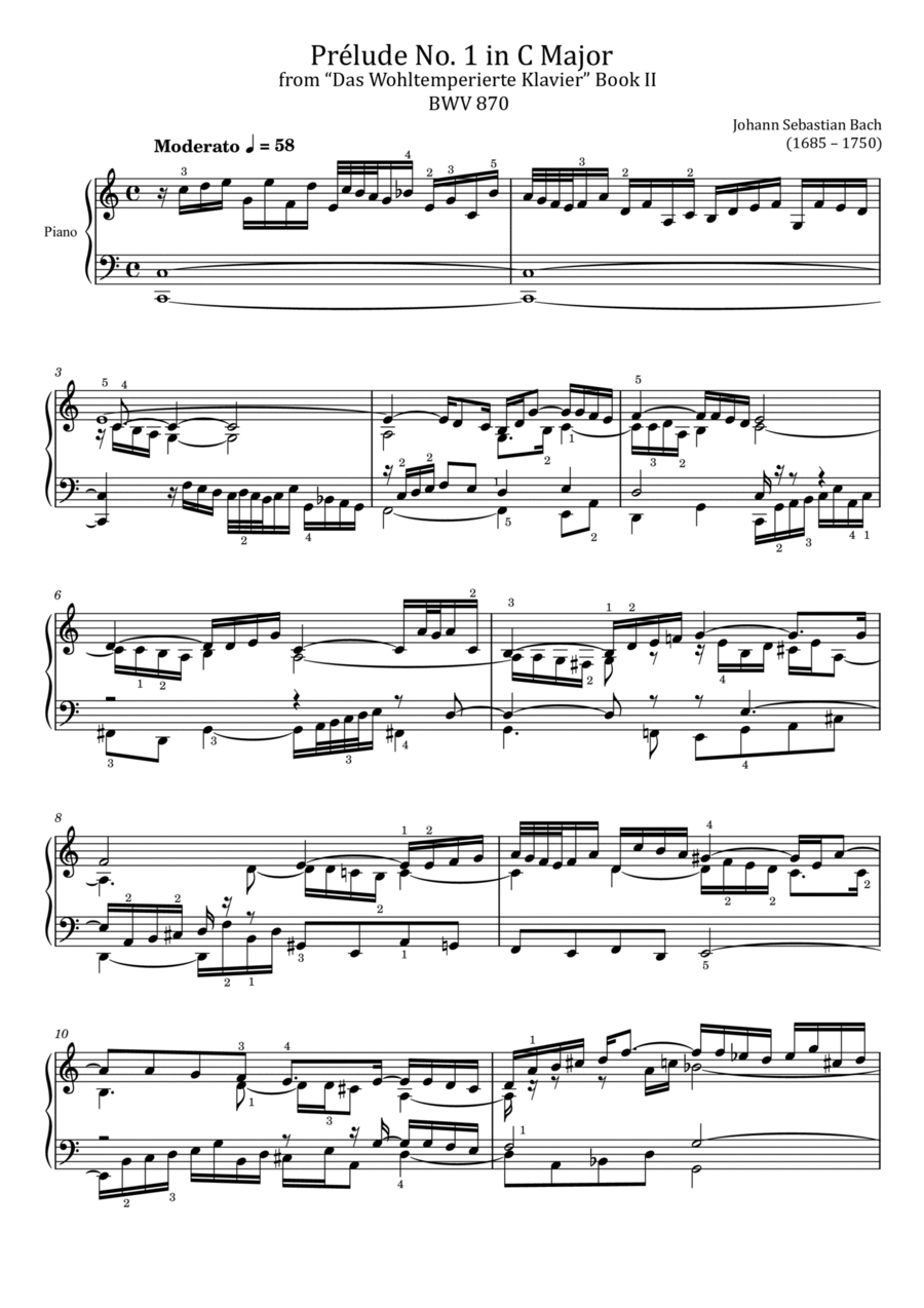Bach - Prélude No.1 in C Major - BWV 870 - For Piano Solo Original With Fingered Piano Solo scores gallery preview page 1