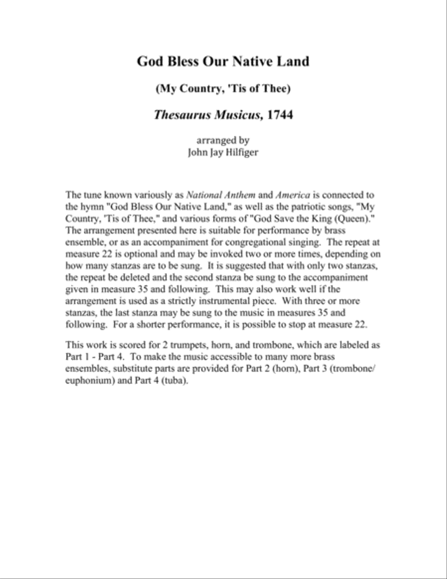 God Bless Our Native Land/ My Country, 'Tis of Thee (for Brass Quartet/Ensemble) Brass Quartet scores gallery preview page 2