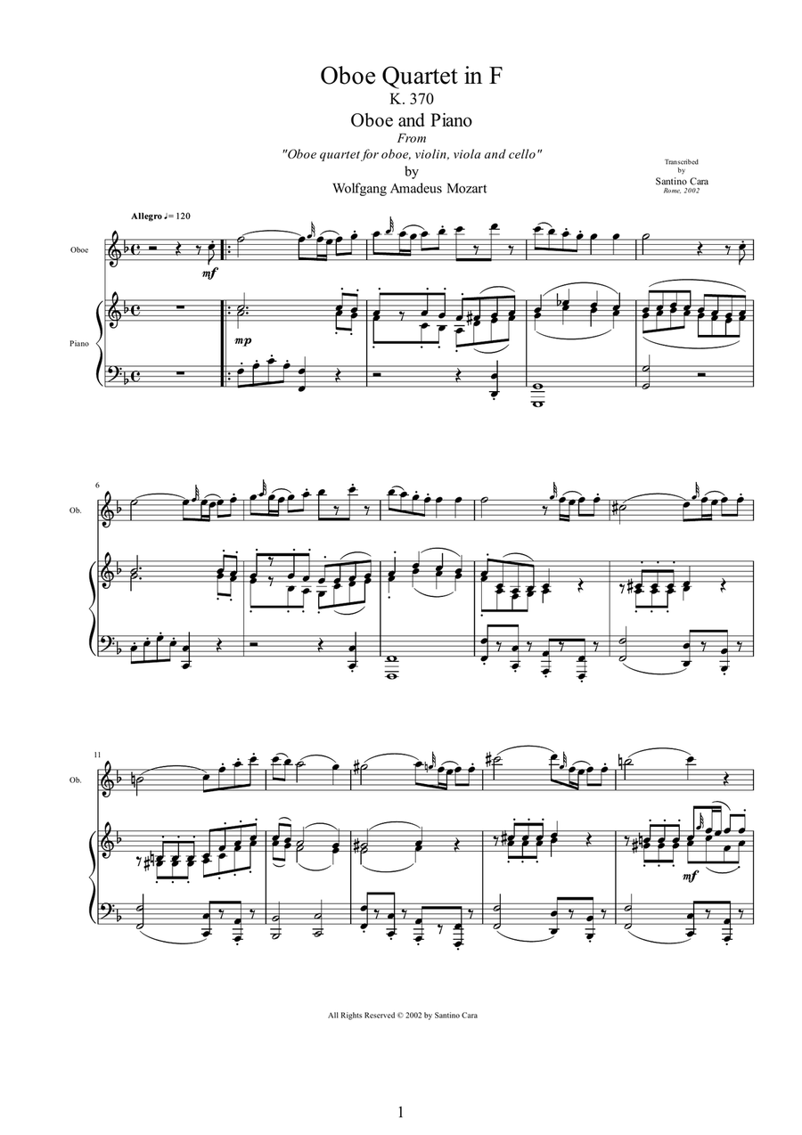Mozart - Oboe quartet in F major K370 - 1 Allegro - Oboe and Piano Piano scores gallery preview page 1