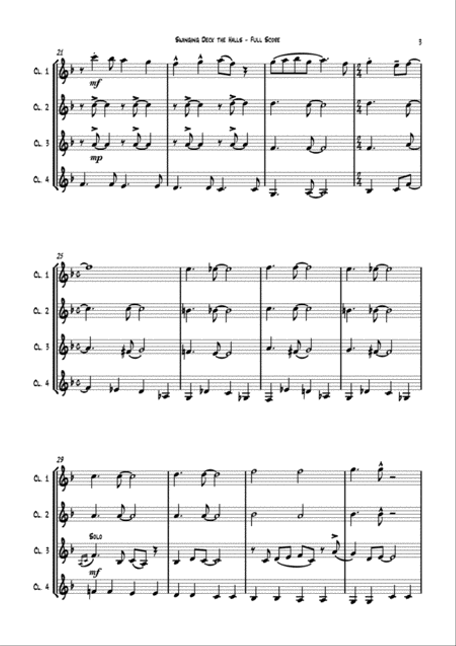 Swinging Deck the Halls - for Clarinet Quartet (4Bb) arr. Carson Yu Clarinet Quartet scores gallery preview page 6