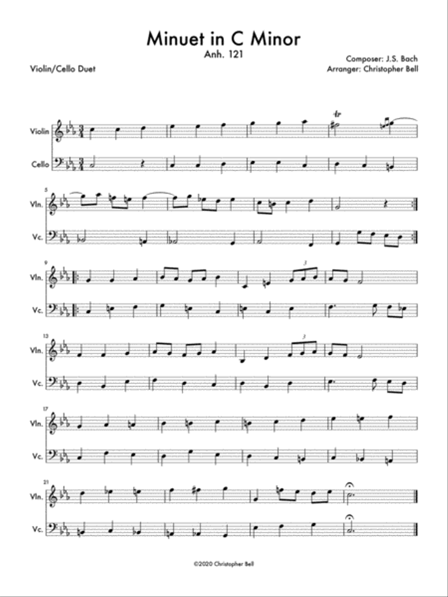 Minuet in C Minor, Anh 121 String Duet scores gallery preview page 1