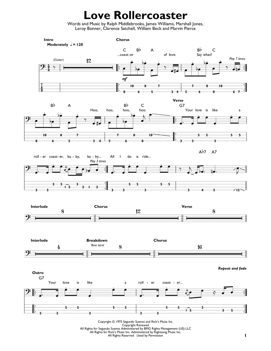 Love Rollercoaster Love Rollercoaster Bass Guitar scores gallery preview page 1