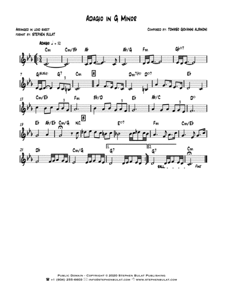 Adagio in G Minor (Albinoni) - Lead sheet (key of C minor)