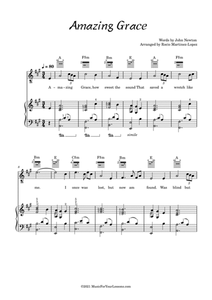 Amazing Grace in A Major ( Lead + Piano + Guitar TAB) image number null