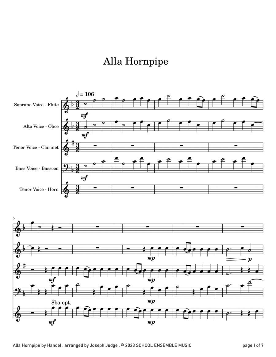 Alla Hornpipe by Handel for Woodwind Quartet in Schools Woodwind Quartet scores gallery preview page 1