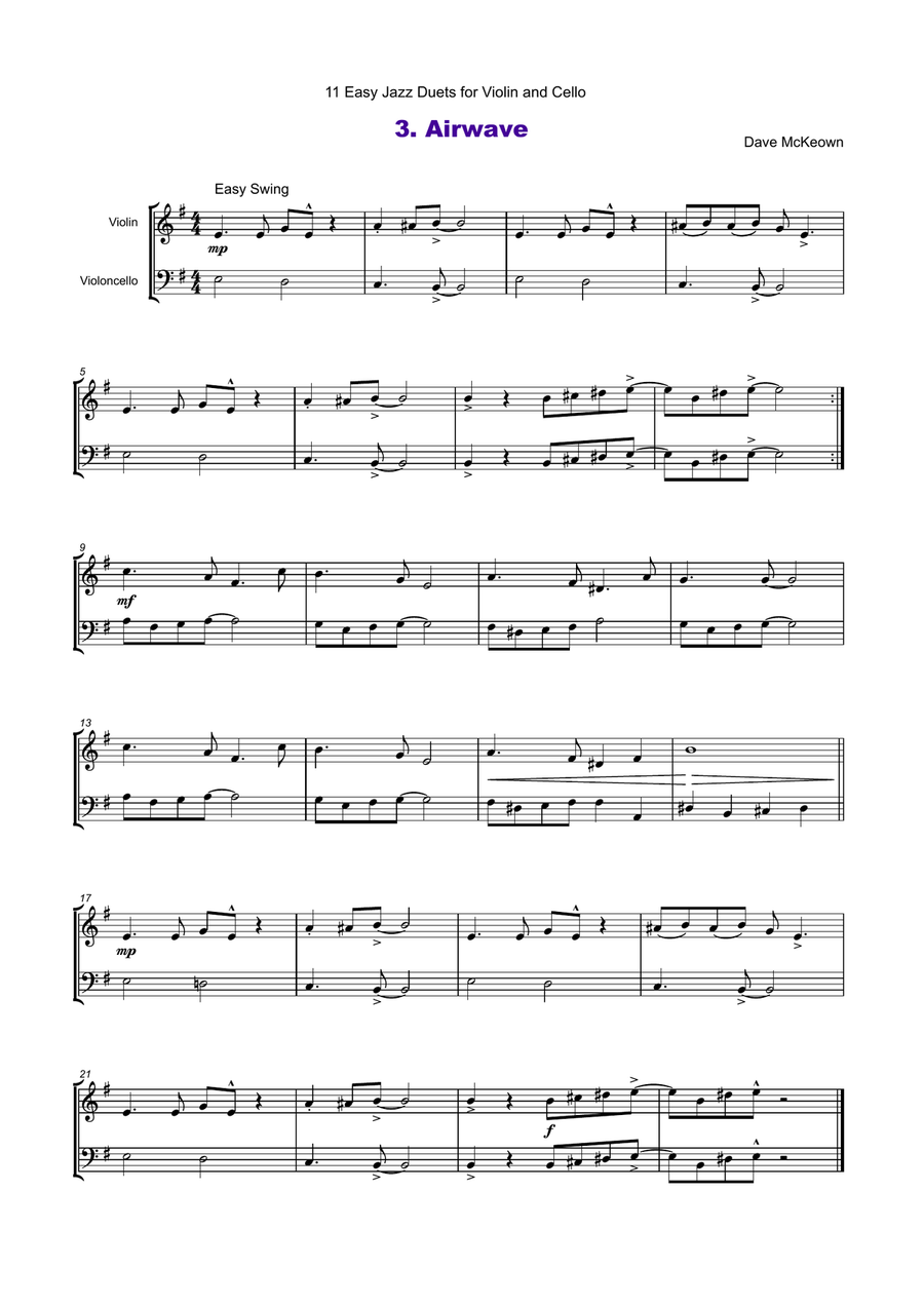 11 Easy Jazz Duets for Violin and Cello String Duet scores gallery preview page 4