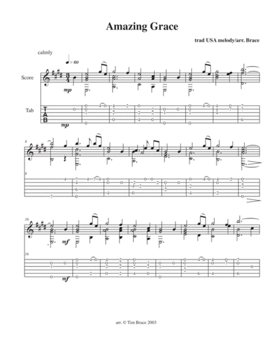 Amazing Grace for solo guitar - score and tab image number null