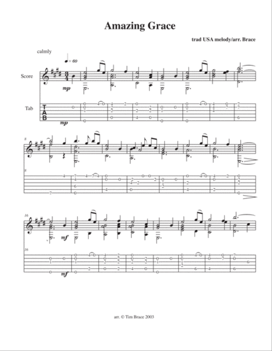 Amazing Grace for solo guitar - score and tab image number null