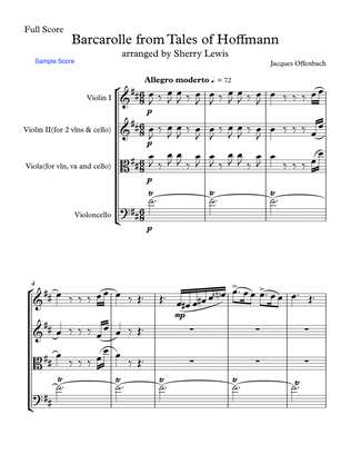 BARCAROLLE from Tales of Hoffmann String Trio, Intermediate Level for 2 violins and cello or violin,