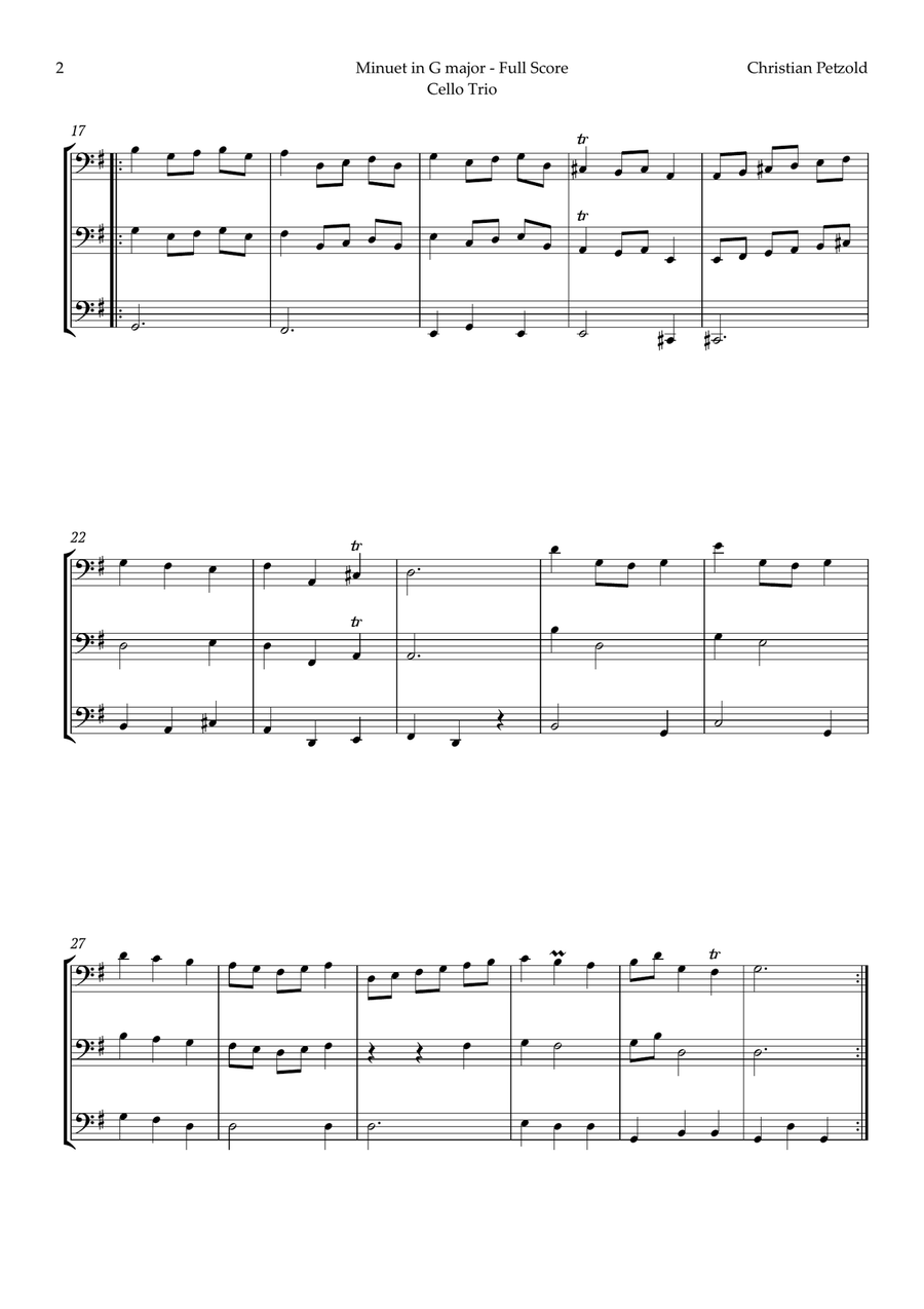 Minuet in G major by Bach for Cello Trio String Trio scores gallery preview page 3
