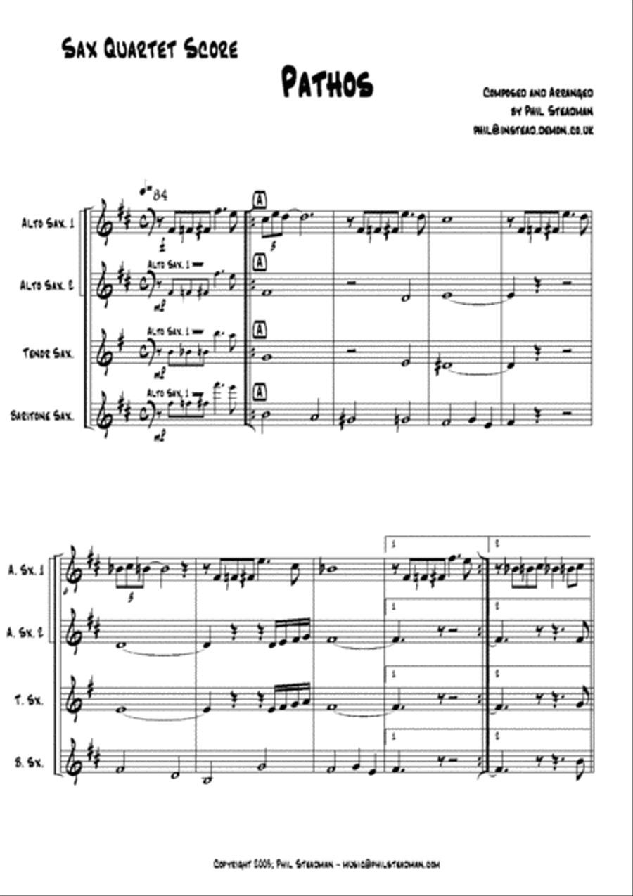 Pathos - an orginal ballad for sax AATB quartet Woodwind Quartet scores gallery preview page 1