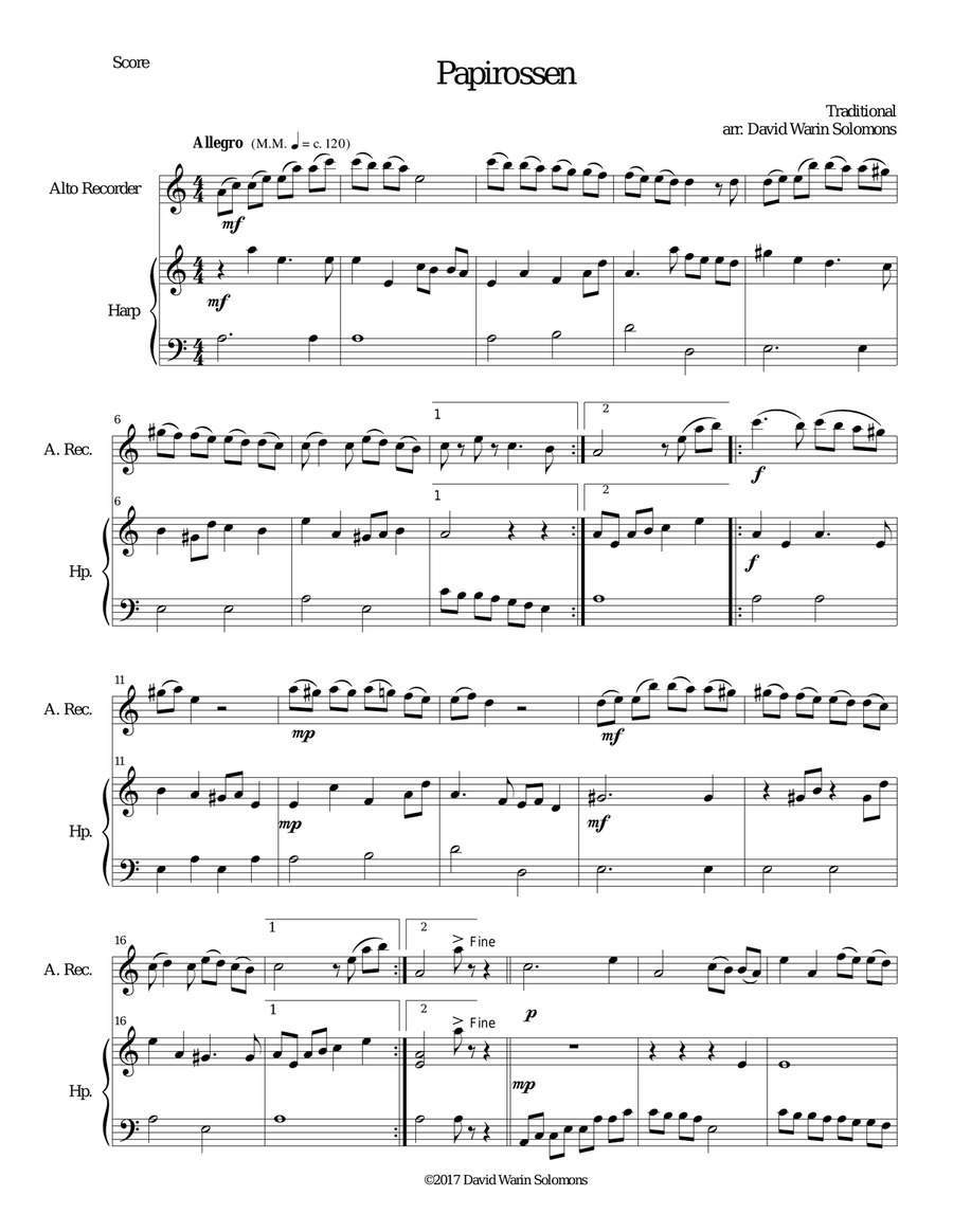 Papirossen for alto recorder and harp Alto Recorder scores gallery preview page 1