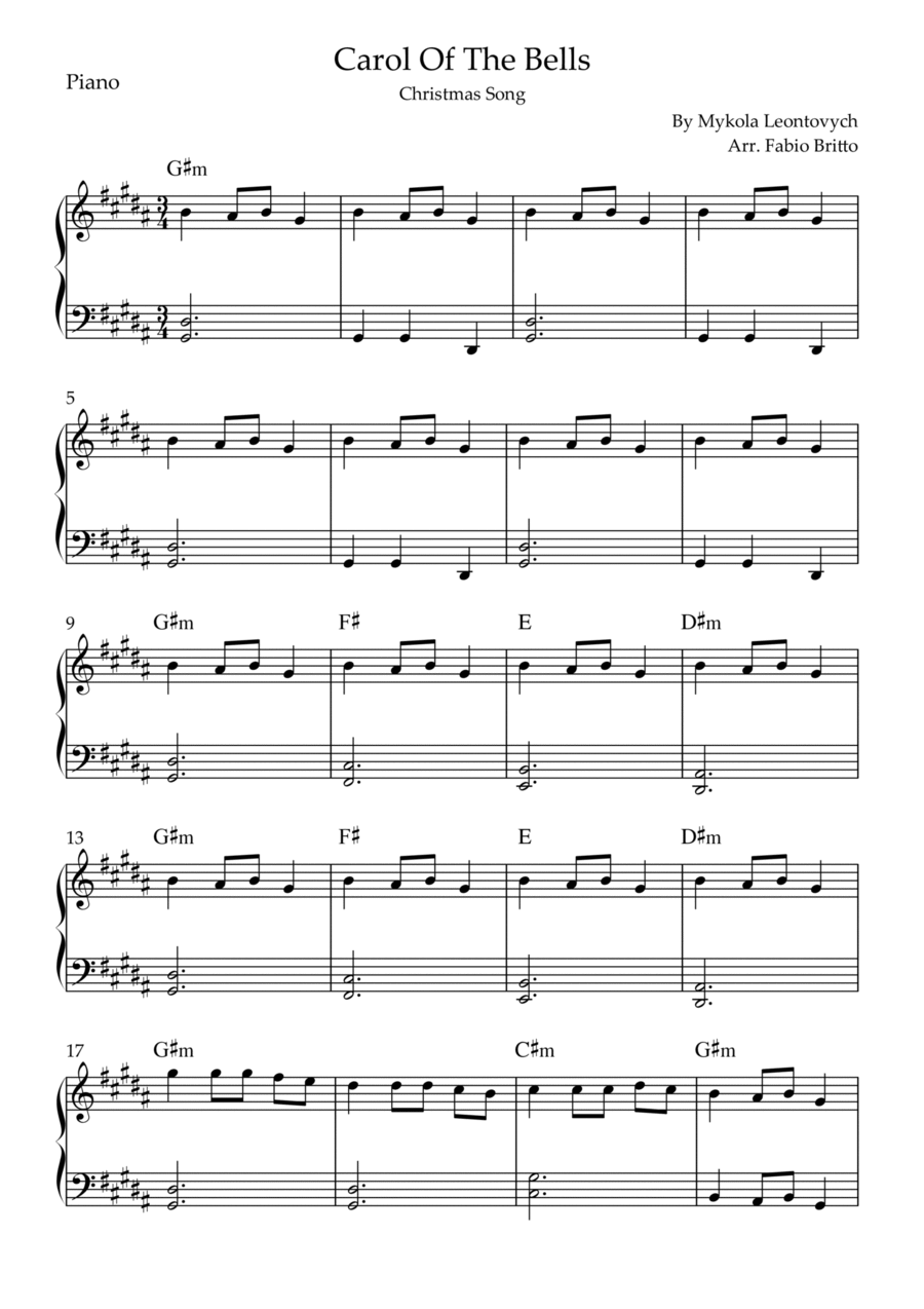 Carol Of The Bells (Christmas Song) for Easy Piano Solo with Chords (B/G#m) Easy Piano scores gallery preview page 1