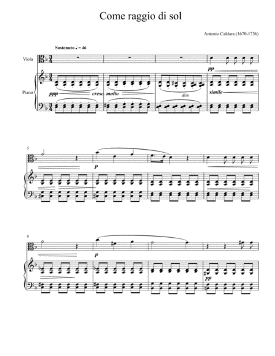 Antonio Caldara - Come raggio di sol (Viola Solo) String Duet scores gallery preview page 1