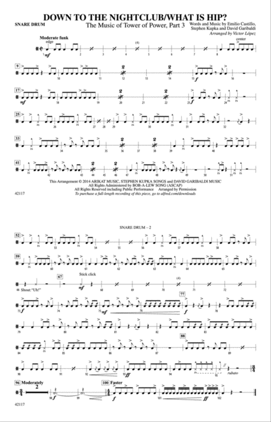 Down to the Nightclub / What Is Hip?: Snare Drum Marching Band scores gallery preview page 1