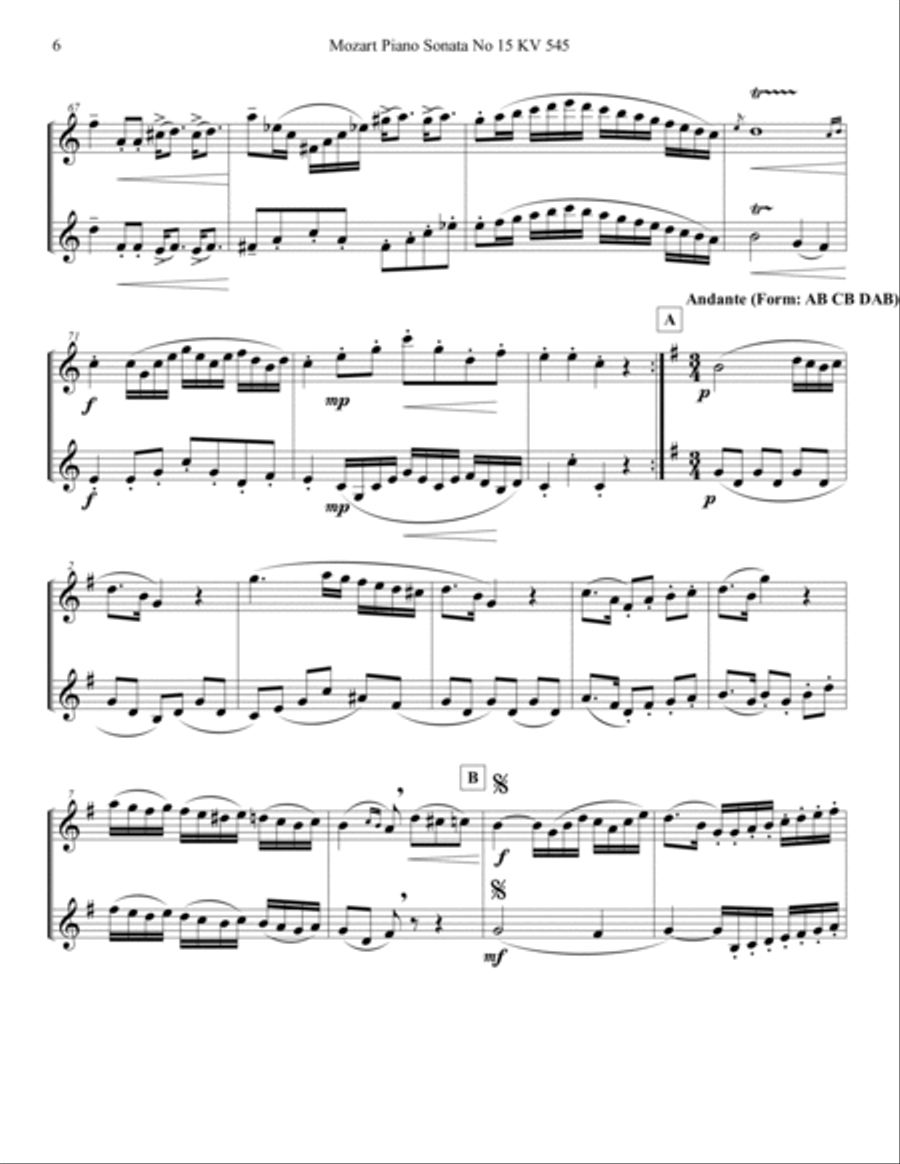 Mozart 1788 KV 545 Piano Sonata Clarinet Duet Score Parts