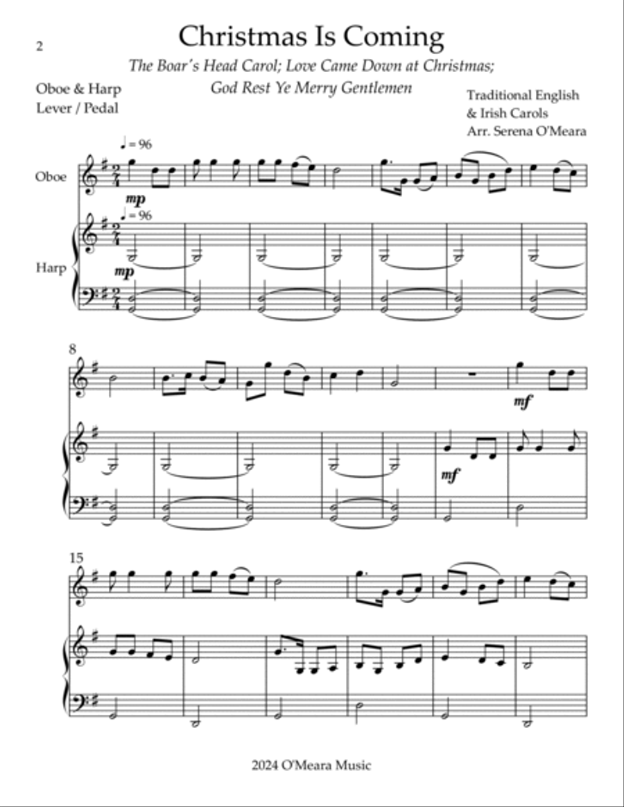 Christmas is Coming, Duet for Oboe & Harp Oboe scores gallery preview page 2