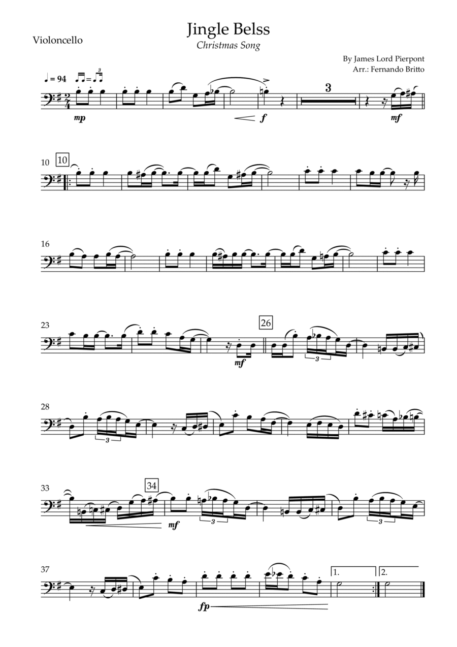 Jingle Bells - Jazz Version (Christmas Song) for Cello Solo Cello Solo scores gallery preview page 1
