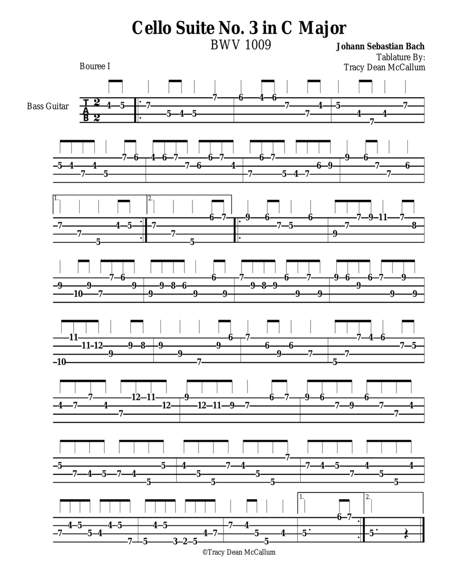 Bach Bouree 1 and 2 from the Third Cello Suite Bass Tablature Cello scores gallery preview page 1