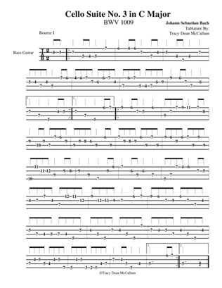 Bach Bouree 1 and 2 from the Third Cello Suite Bass Tablature