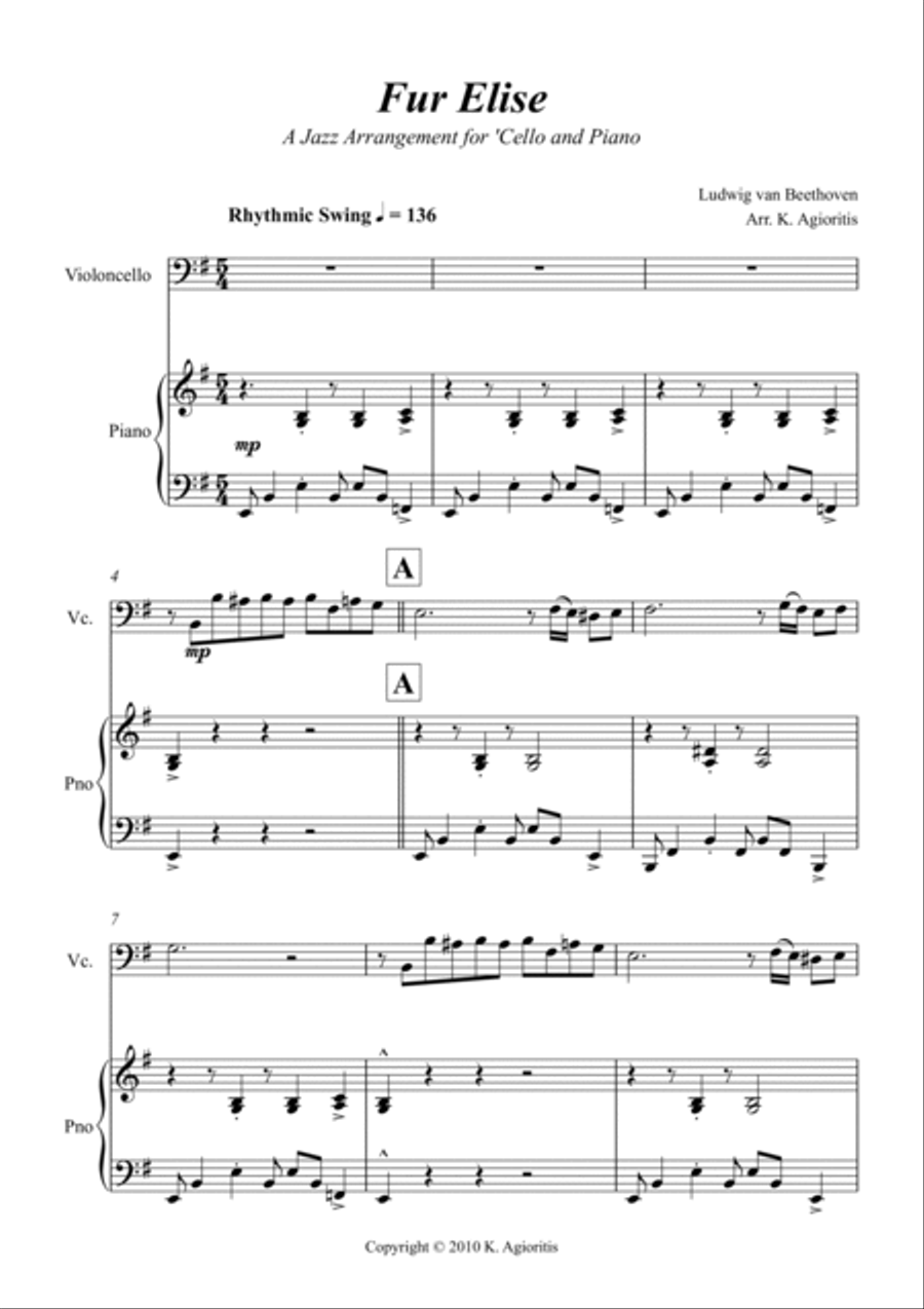 Fur Elise - Jazz Arrangement for 'Cello and Piano Piano scores gallery preview page 3