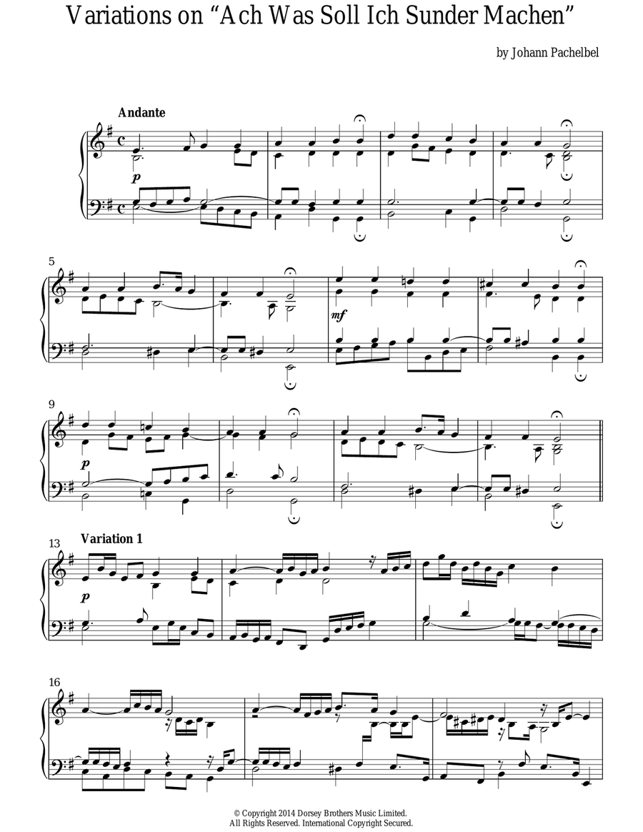 Variations On 'Ach, Was Soll Ich Sunder Machen' Piano Solo scores gallery preview page 1